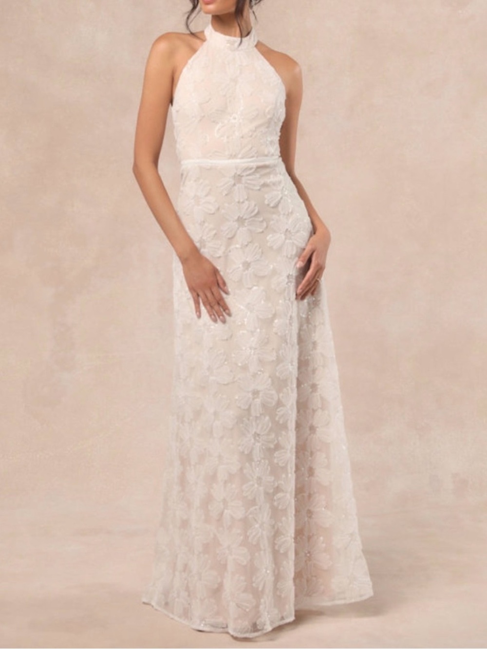 NEW WITH TAGS Lulu's Violeta Ivory Halter Sequin Floral Maxi Dress